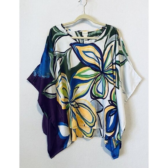 Chicos Top Womens Small Multicolor Abstract Floral Cold Shoulder Artsy Boho - Picture 1 of 8